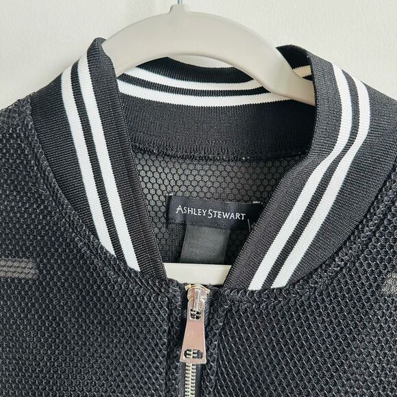 Ashley Stewart Black Mesh Bomber Jacket L/XL White Arm Stripe EUC - Picture 3 of 6